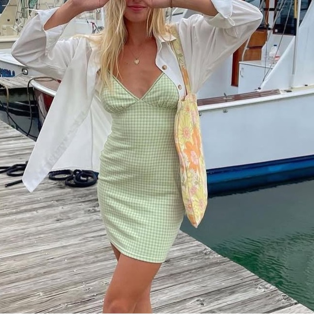 Pitaya Sage Green Gingham Mini Dress